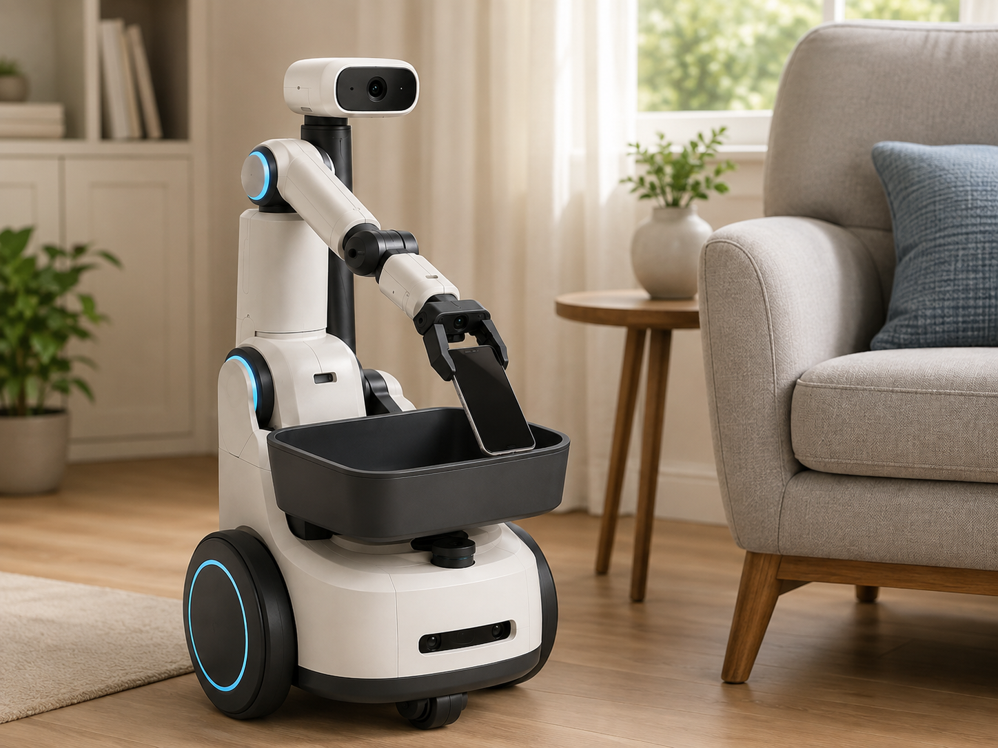 CarryKin standing on the floor beside an armchair with a smartphone resting in its built-in tray, a person reaching toward it.