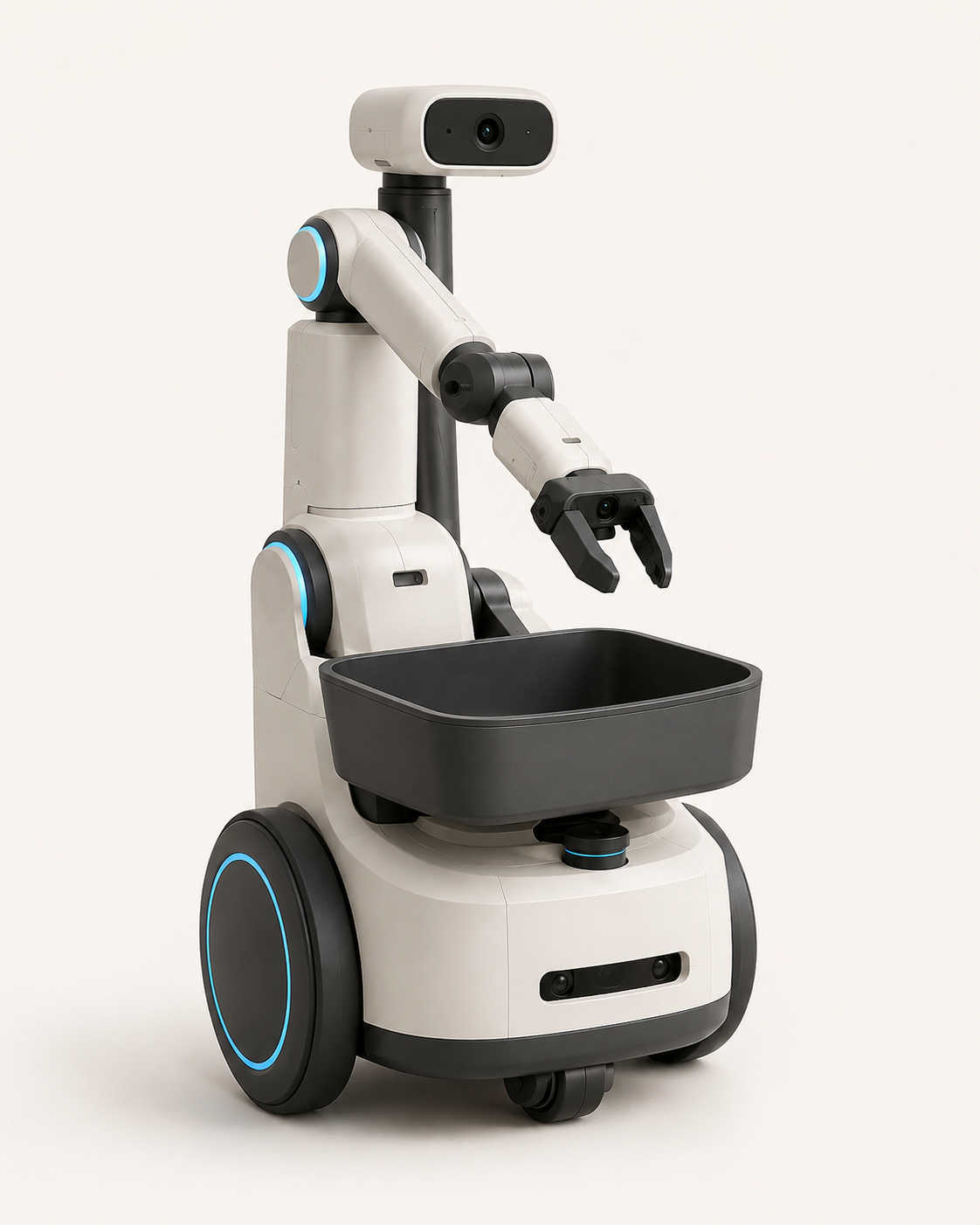 Studio portrait of CarryKin: a rounded warm-white appliance with two dark wheels, a front carry tray, one folded arm, one horizontal head camera and one wrist camera.