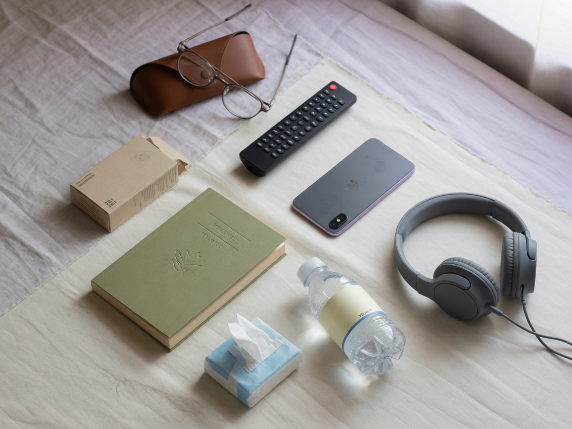 Everyday objects arranged on a linen surface: glasses, a remote, a phone, a bottle, a book, tissues and headphones.