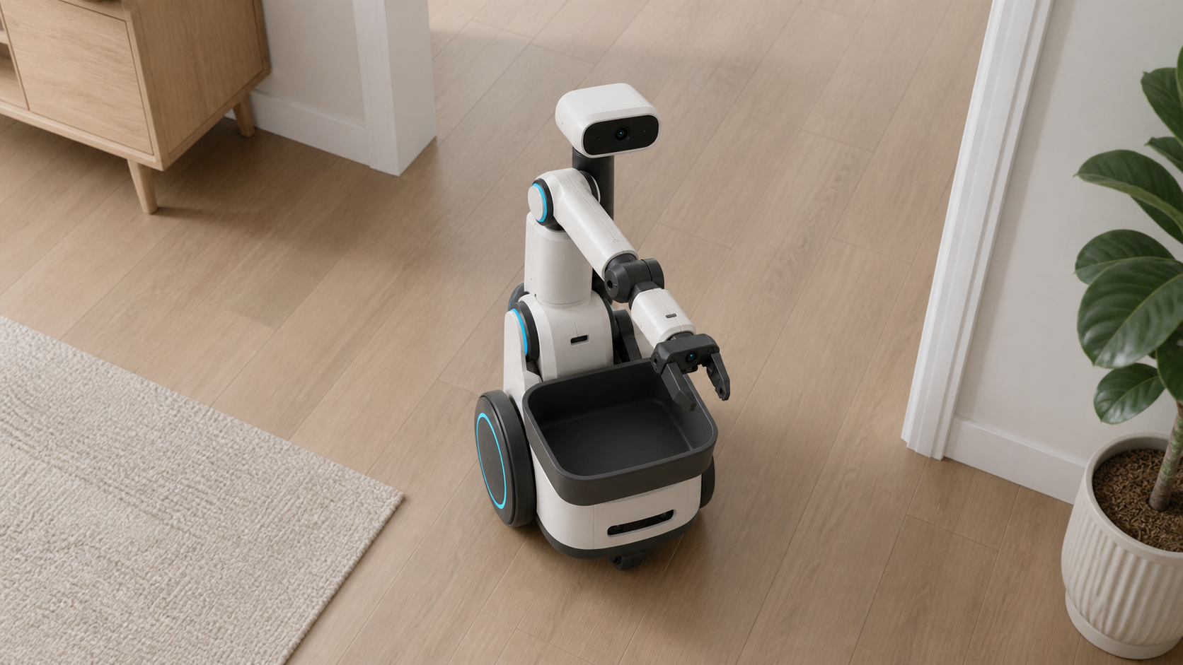 Overhead view of CarryKin in a living room: two side wheels, a carry tray, one horizontal head camera and a second camera in the wrist gripper.