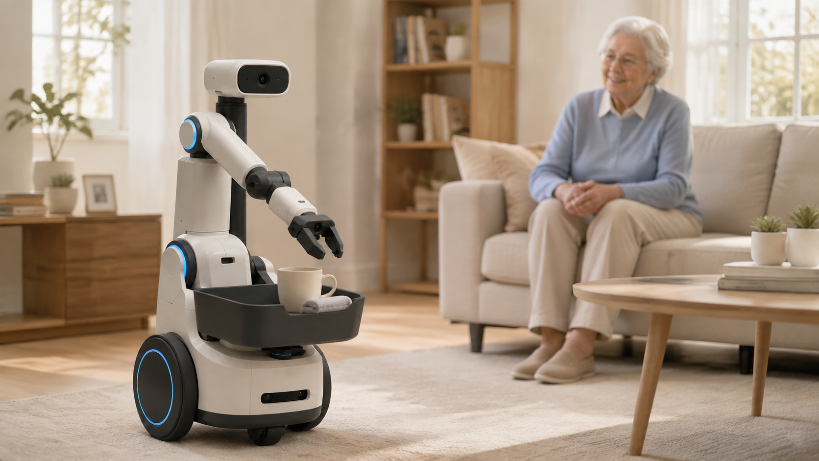 Two older adults in conversation at home, looking engaged, stylish and at ease, with CarryKin nearby.